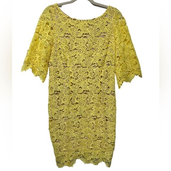 MARINA Yellow Lace Mini Sheath Dress Half Sleeve Casual Formal Cute Summer - Picture 1 of 6